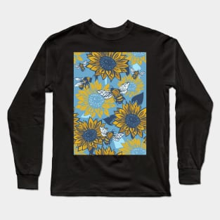 Sunflowers and Busy Bees Linoprint pattern Long Sleeve T-Shirt